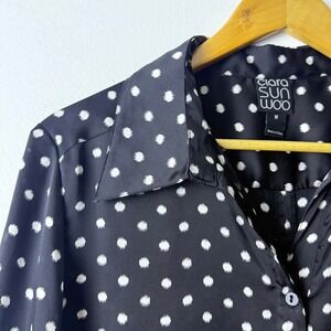 Ciara Sun Woo Black Polka‎ Dot Button Down 3/4 Sleeve Blouse Collared Top Medium
